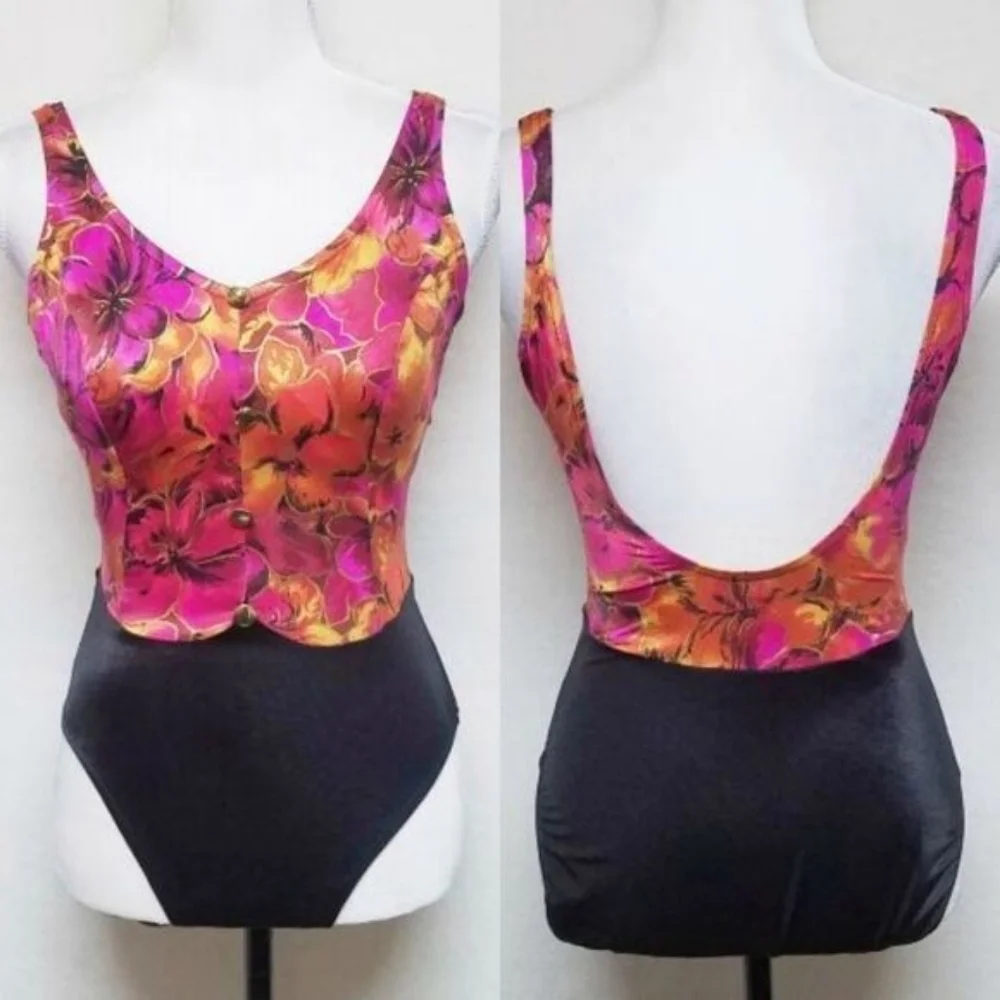 Jantzen Vintage Gold Foil Floral Black Colorblock Backless One-piece Swimsuit 12